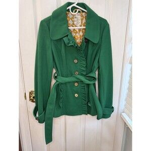 Tulle Green Ruffle Belted Jacket Womens L Retro Lined Peacoat